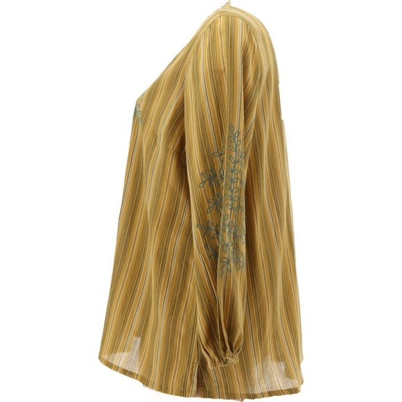 NWT LOGO BY LORI GOLDSTEIN STRIPED WOVEN EMBROIDERED BLOUSE VINTAGE GOLD MEDIUM - Picture 4 of 14